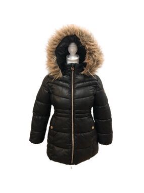 Michael Michael Kors black puffer coat with hood faux fur zipper front. Sz 7/8